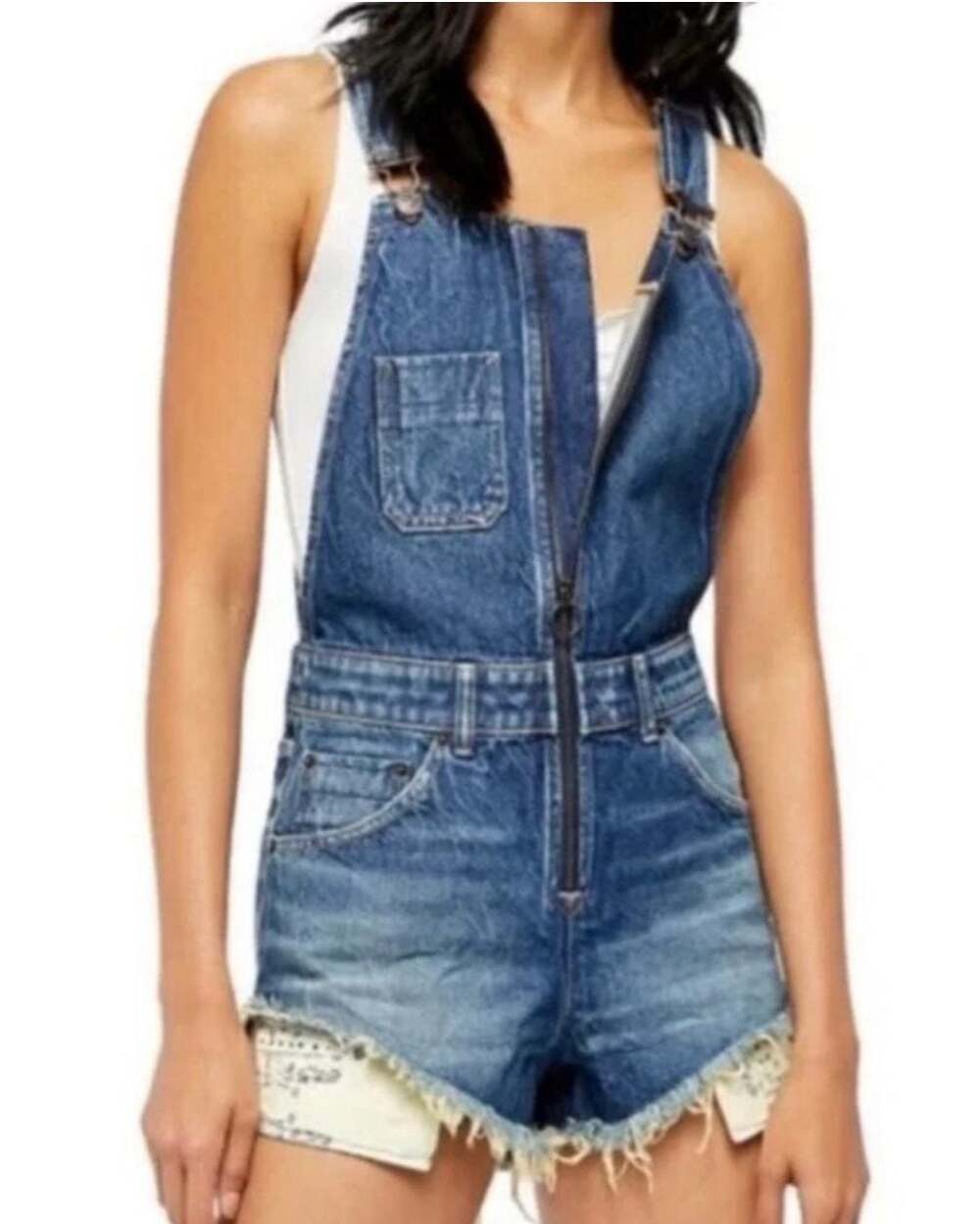 We The Free Free People Sunkissed Denim Zip-Front Cut-Off Shortalls - Picture 1 of 3